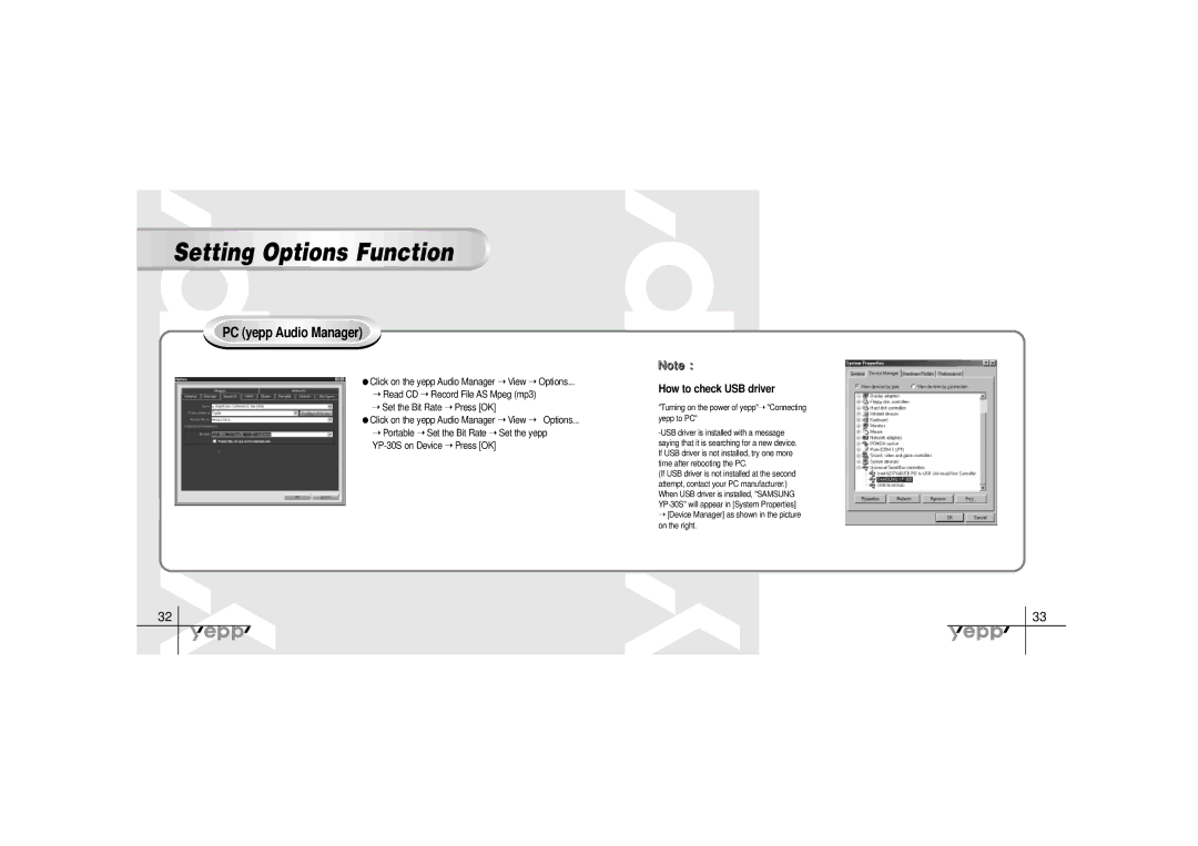 Samsung YP-30SH How to check USB driver, Set the Bit Rate Press OK, Portable Set the Bit Rate, YP-30S on Device Press OK 