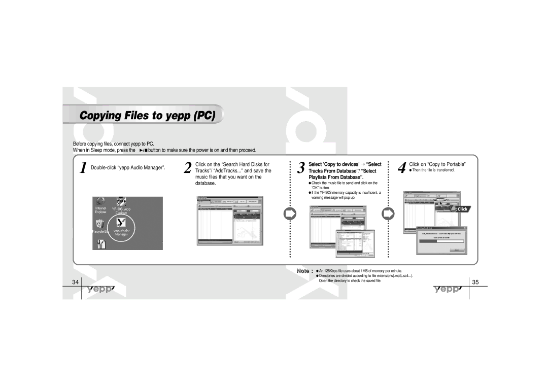 Samsung YP-30SH Copying Files to yepp PC, When in Sleep mode, press, Select ’Copy to devices’, Playlists From Database 