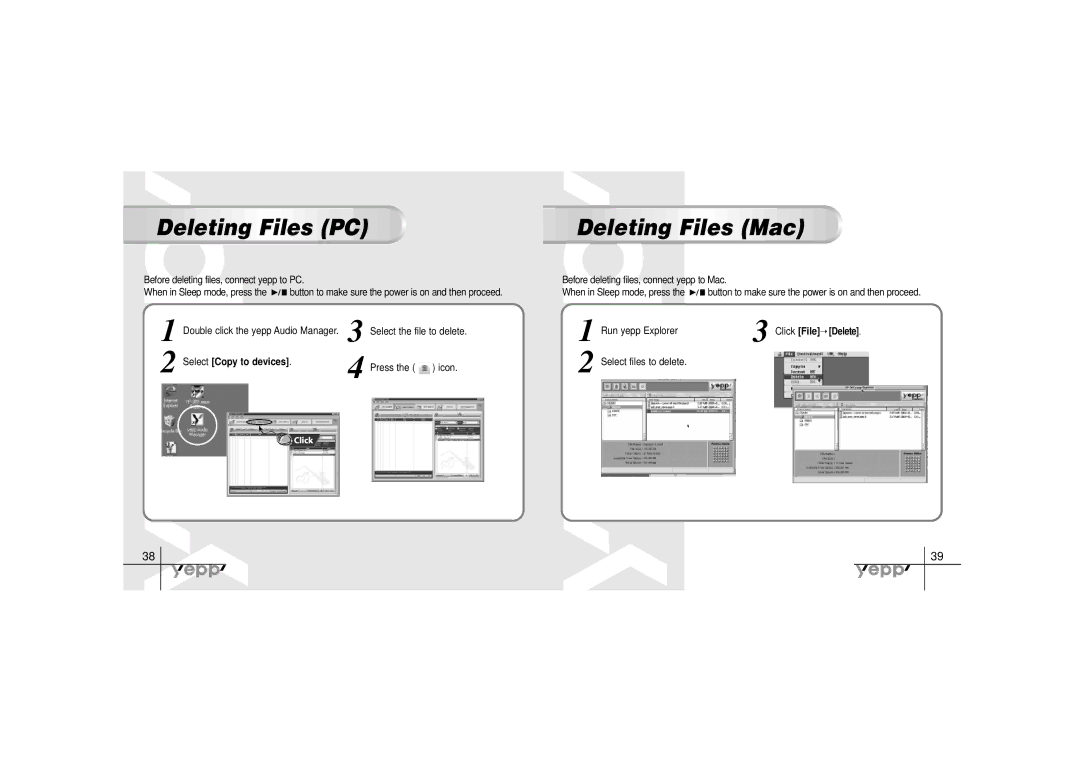 Samsung YP-30SH manual Deleting Files PC, Deleting Files Mac, File to delete, Icon, Select files to delete 