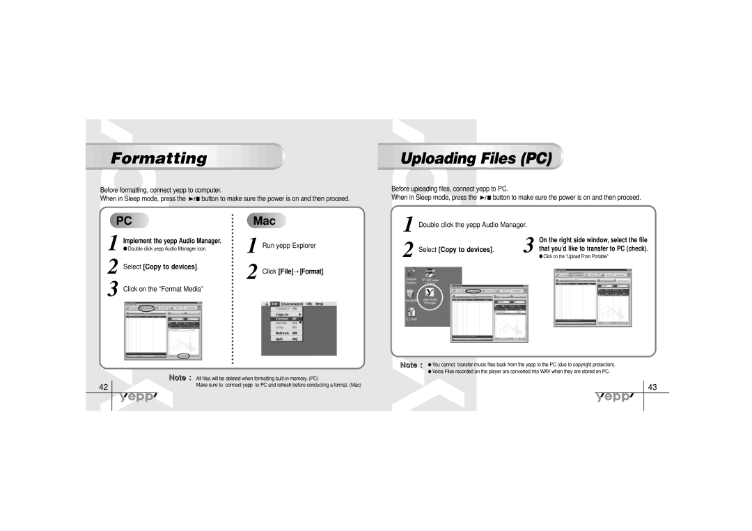 Samsung YP-30SH Formatting, Uploading Files PC, Before formatting, connect yepp to computer, Click on the Format Media 