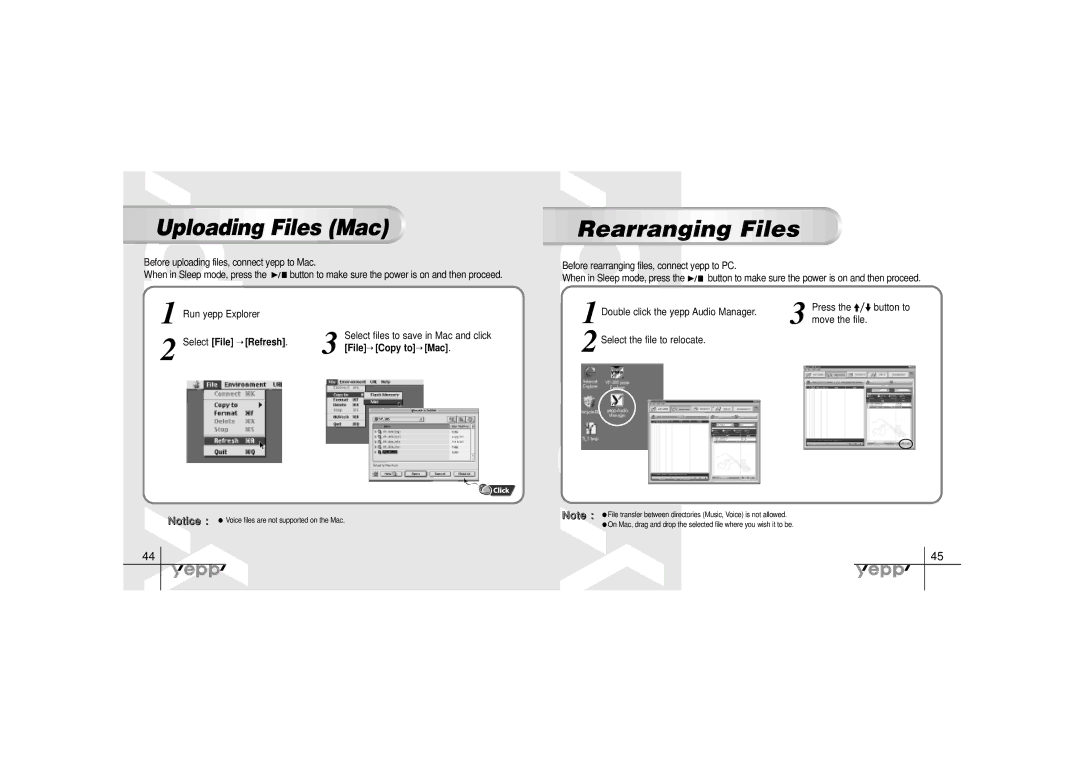 Samsung YP-30SH manual Rearranging Files, Uploading Files Mac, Run yepp Explorer, button to 