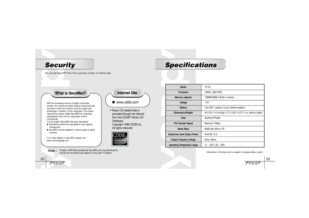 Samsung YP-30SH manual Security, Specifications, From the Cddb TM Music CD Database 