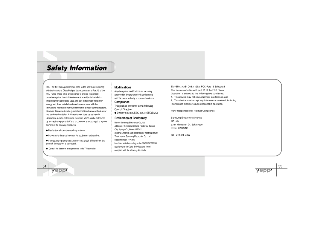 Samsung YP-30SH manual Safety Information, Modifications, Compliance, Declaration of Conformity 