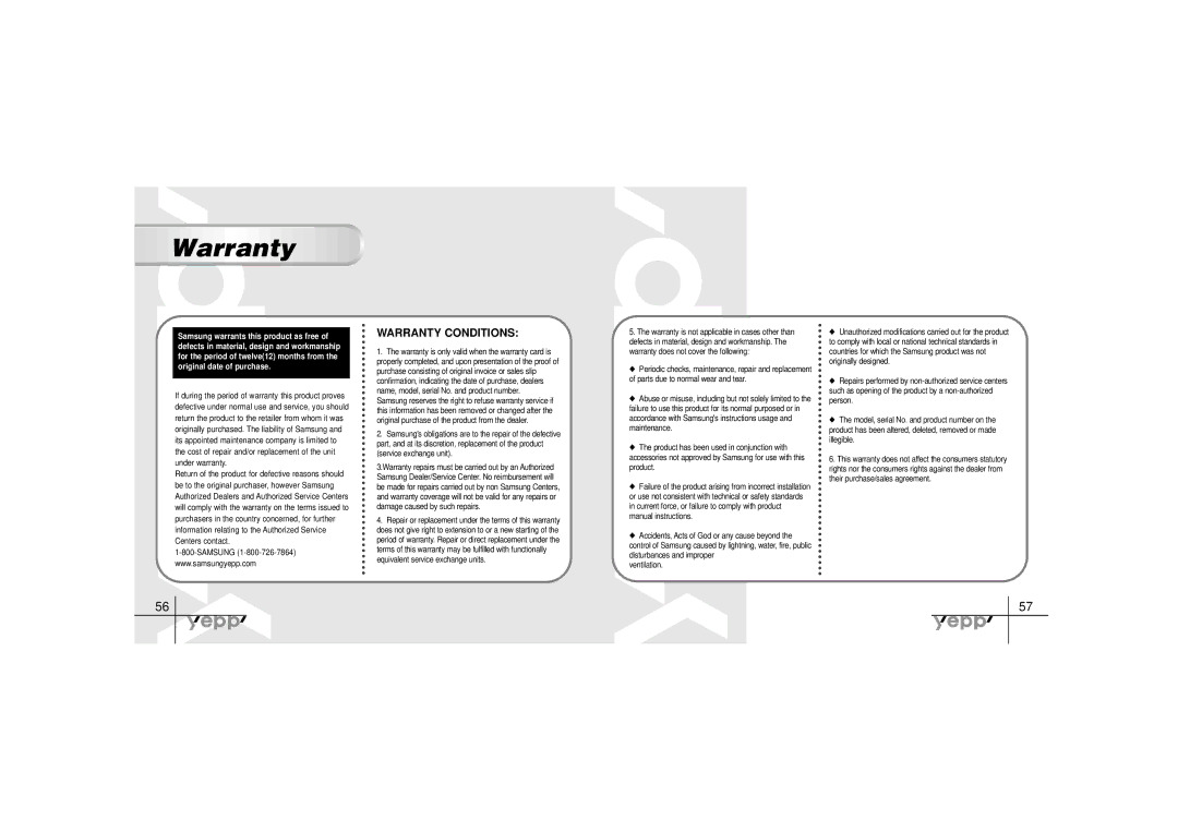 Samsung YP-30SH manual Warranty, Accidents, Acts of God or any cause beyond, Ventilation, Originally designed 