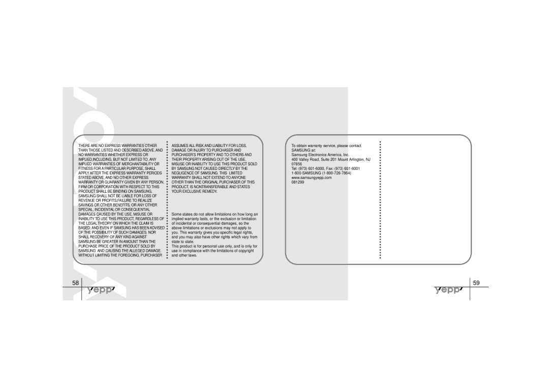 Samsung YP-30SH manual Your Exclusive Remedy, To obtain warranty service, please contact Samsung at 