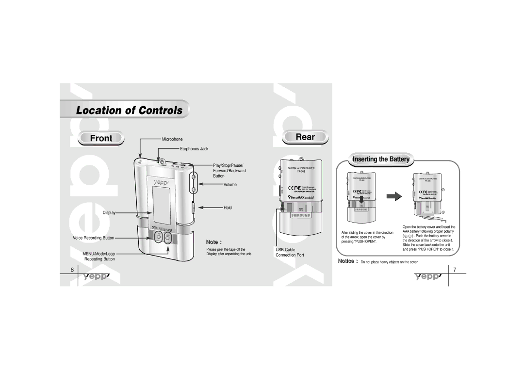 Samsung YP-30SH manual Location of Controls, Inserting the Battery, USB Cable Connection Port 