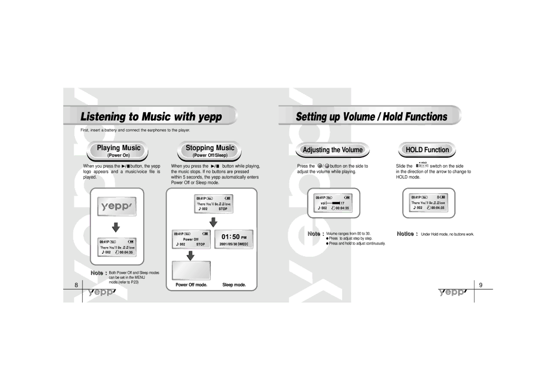 Samsung YP-30SH manual Adjusting the Volume, Playing, Power On, Off/Sleep, Power Off mode 