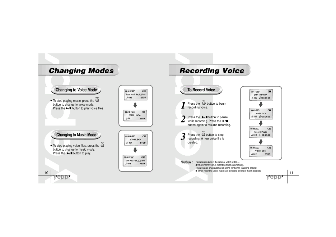 Samsung YP-30SH manual Changing Modes, Recording Voice, Changing to Voice Mode, Changing to Music Mode, To Record Voice 