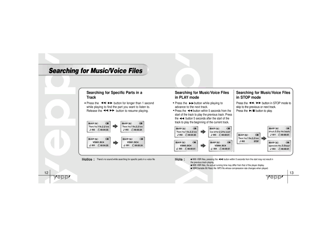 Samsung YP-30SH manual Searching for Specific Parts in a Track, Searching for Music/Voice Files, Play mode 