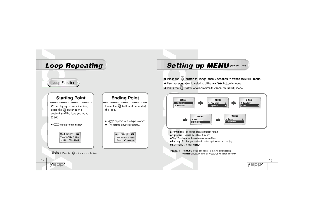 Samsung YP-30SH manual Loop Repeating, Loop Function, While playing music/voice files Press, Use 