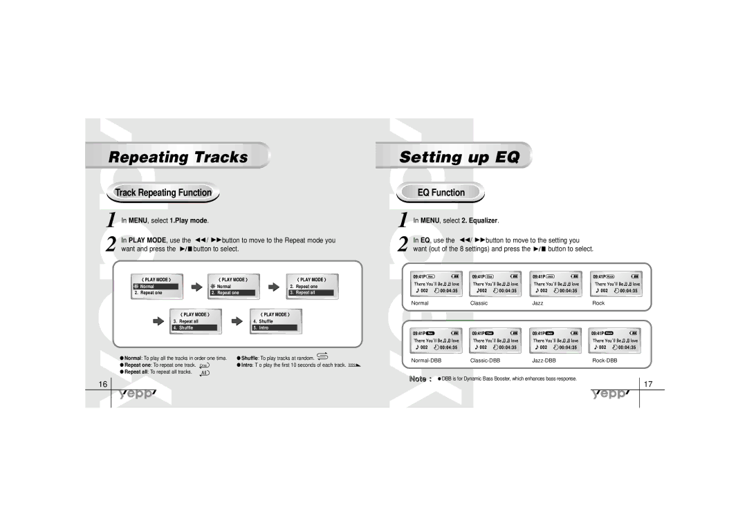 Samsung YP-30SH manual Setting up EQ, Repeating Tracks, Track Repeating Function, EQ Function 