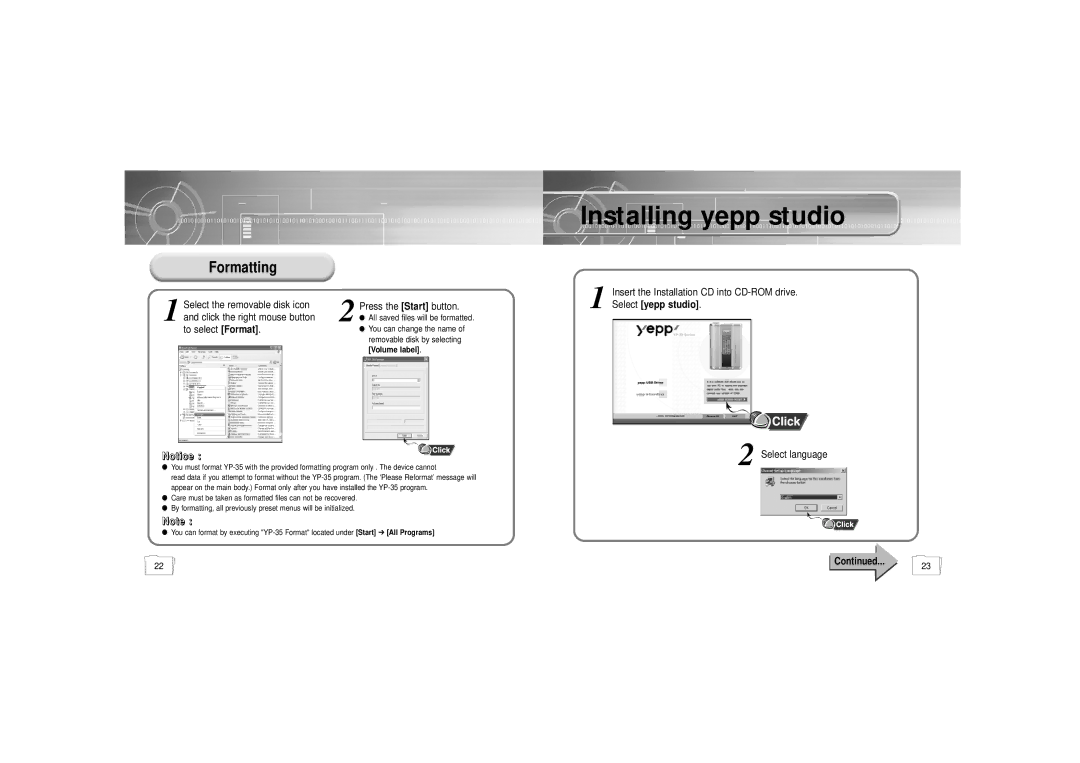 Samsung YP-35 manual Installing yepp studio, Formatting 