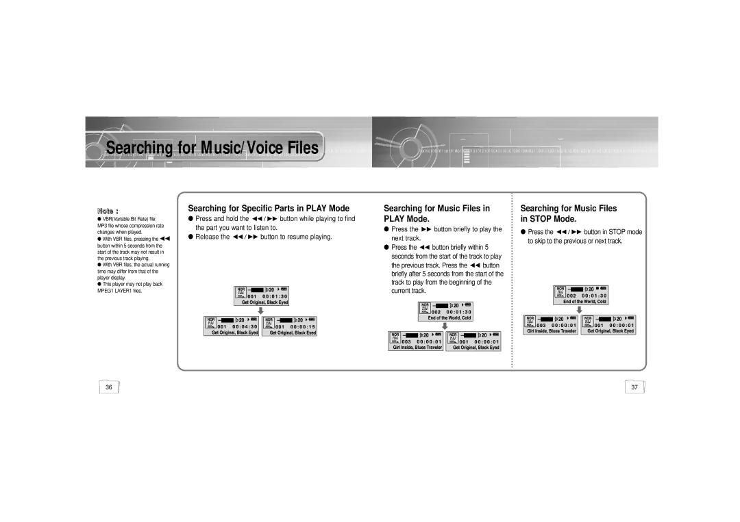 Samsung YP-35 manual Searching for Specific Parts in Play Mode, Searching for Music Files in Play Mode 