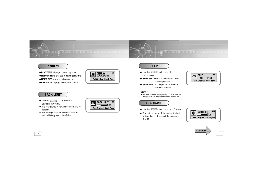 Samsung YP-35 manual Display, Back Light, Beep, Contrast 