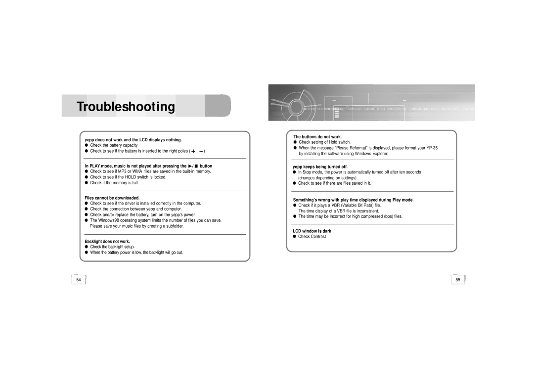 Samsung YP-35 manual Troubleshooting, Play mode, music is not played after pressing the button 