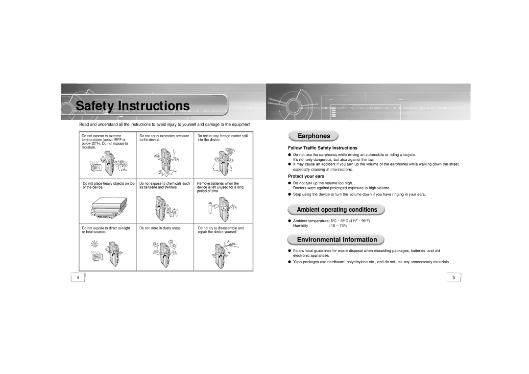 Samsung YP-35 manual Safety Instructions, Ambient operating conditions 