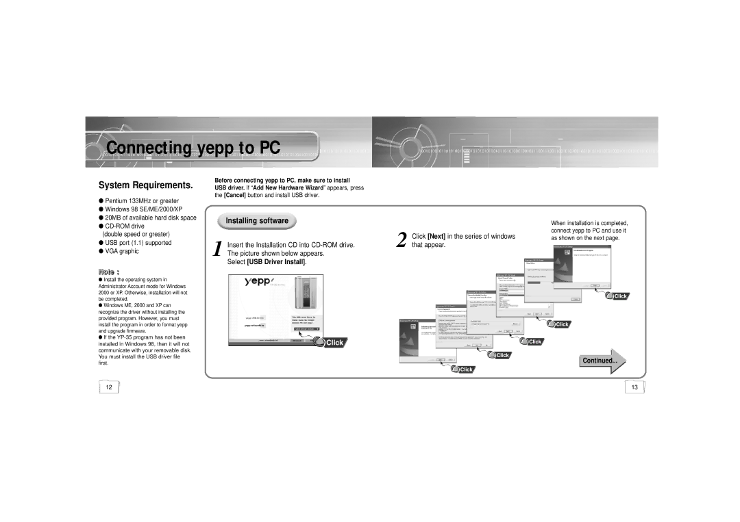 Samsung YP-35 manual Connecting yepp to PC 