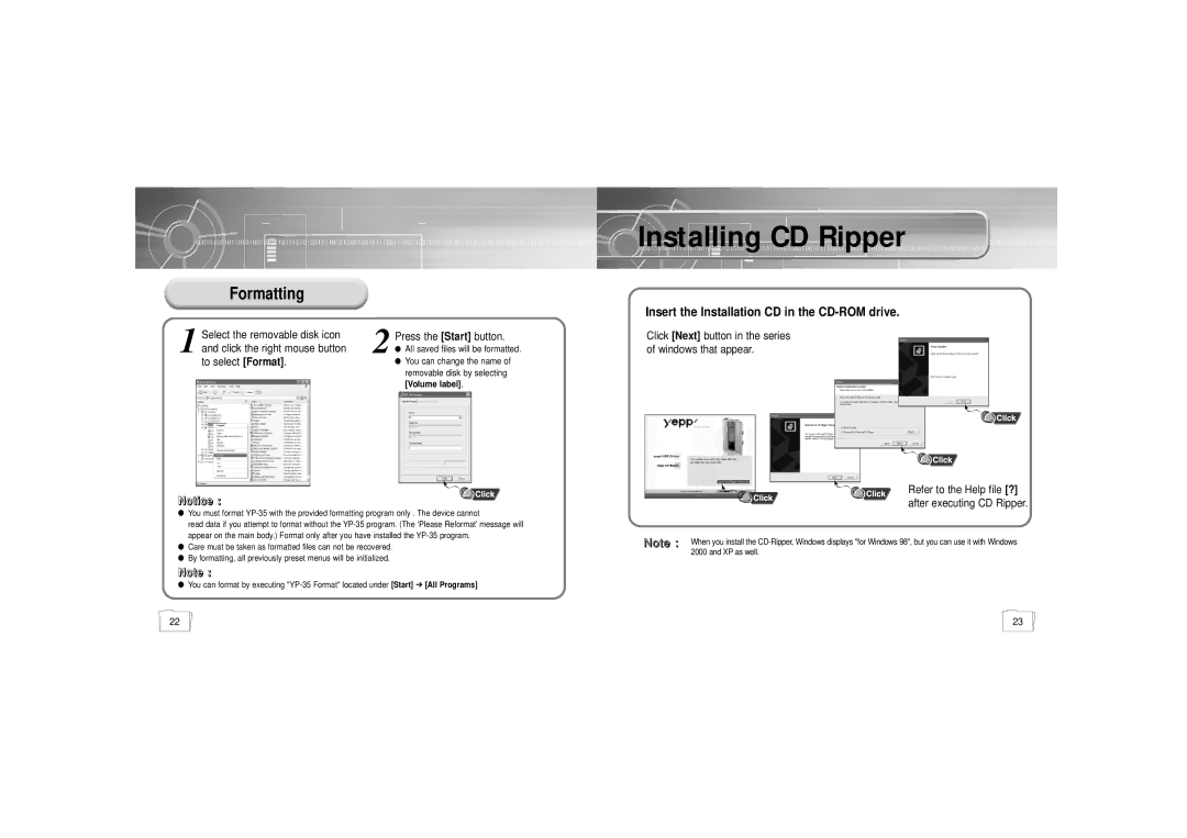 Samsung YP-35H/ELS2 manual Installing CD Ripper, Formatting 