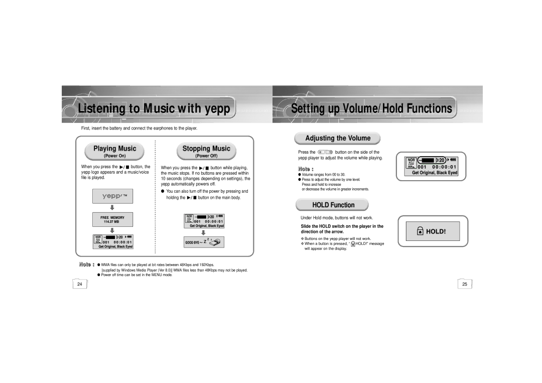 Samsung YP-35H/ELS2 manual Listening to Music with yepp, Hold Function 