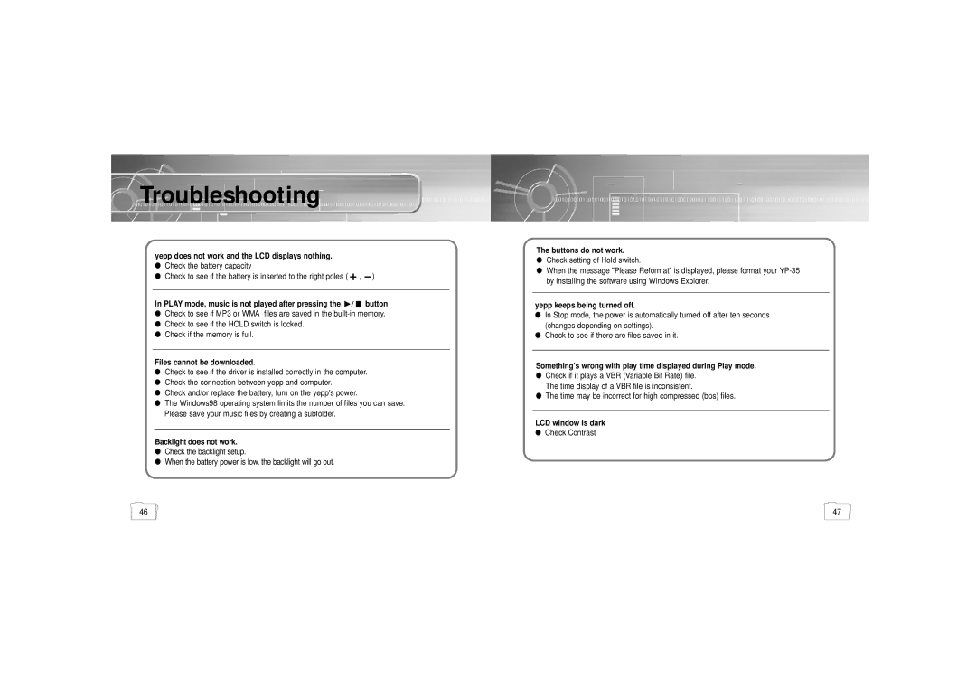 Samsung YP-35H/ELS2 manual Troubleshooting, Play mode, music is not played after pressing the button 