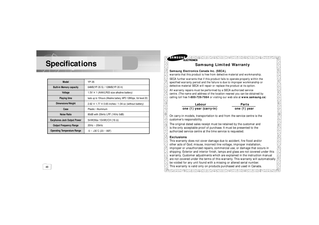 Samsung YP-35H/ELS2 manual Specifications, Samsung Limited Warranty 