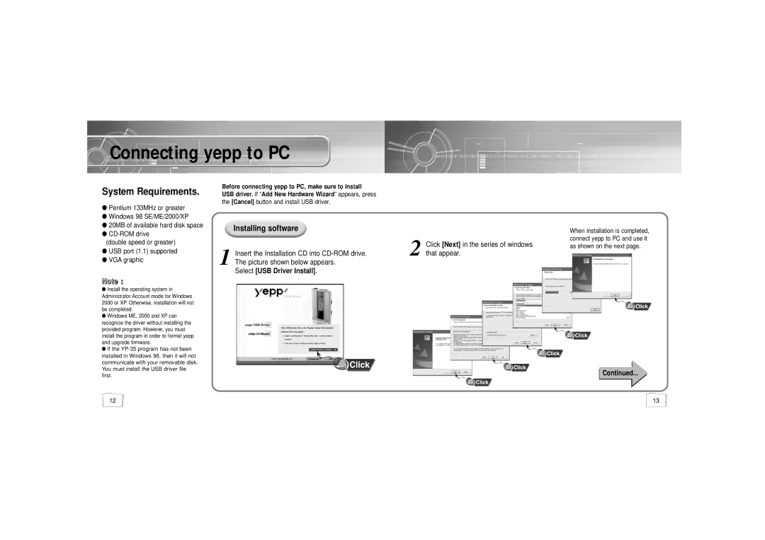 Samsung YP-35H/ELS2 manual Connecting yepp to PC 