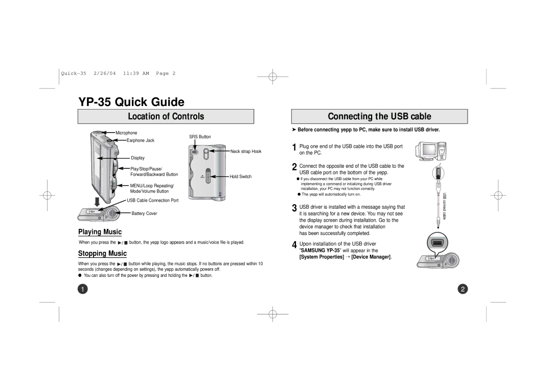 Samsung YP-35H/ELS manual YP-35 Quick Guide, Connecting the USB cable, Location of Controls, Playing Music, Stopping Music 