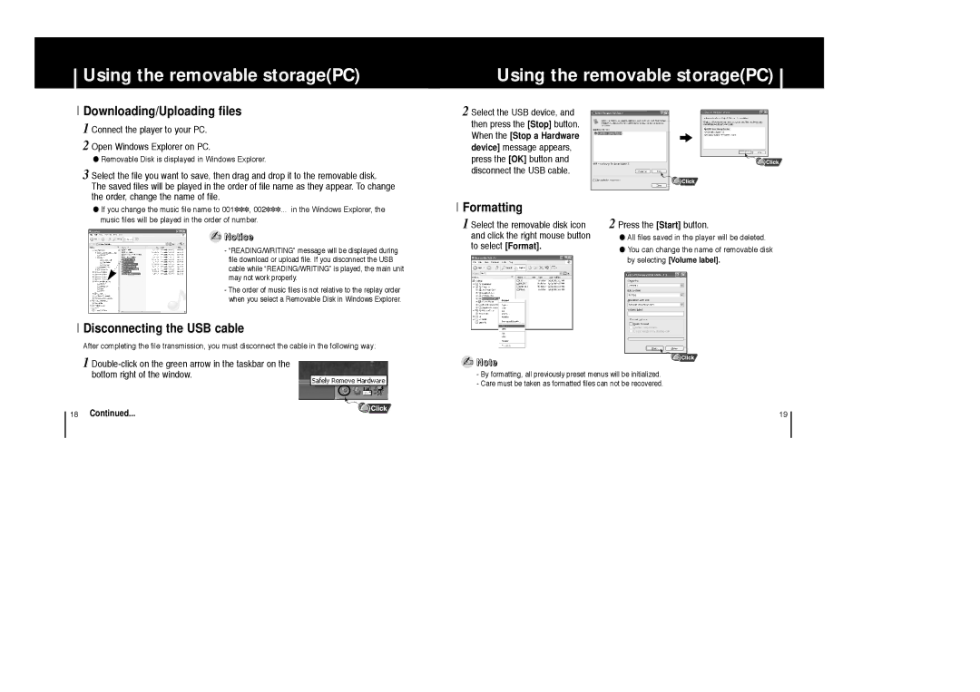 Samsung YP-53X/ELS Using the removable storagePC, Downloading/Uploading files, Disconnecting the USB cable, Formatting 