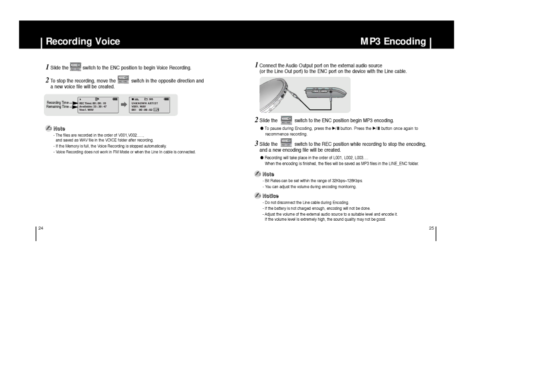 Samsung YP-53H/ELS, YP-53Z/ELS, YP-53V/ELS, YP-53V/XFO, YP-53X/ELS, YP-53V/REE, YP-53H/XFO manual Recording Voice, MP3 Encoding 