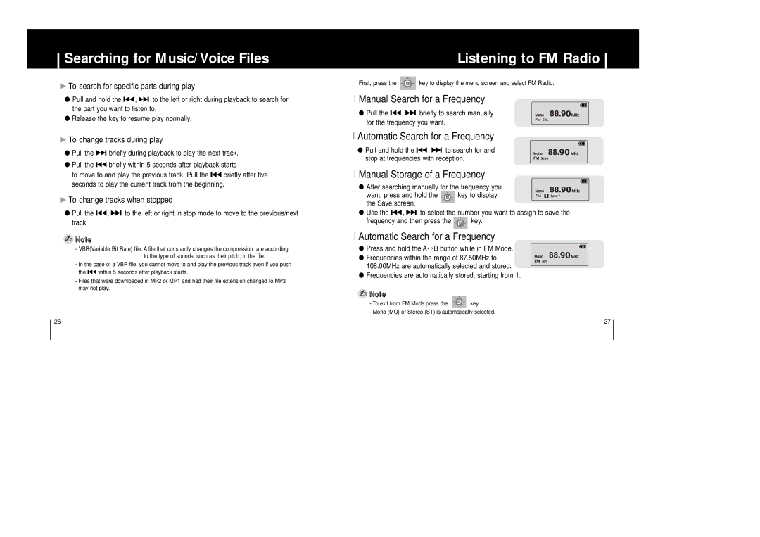 Samsung YP-53Z/ELS, YP-53V/ELS manual Searching for Music/Voice Files, Listening to FM Radio, Manual Search for a Frequency 