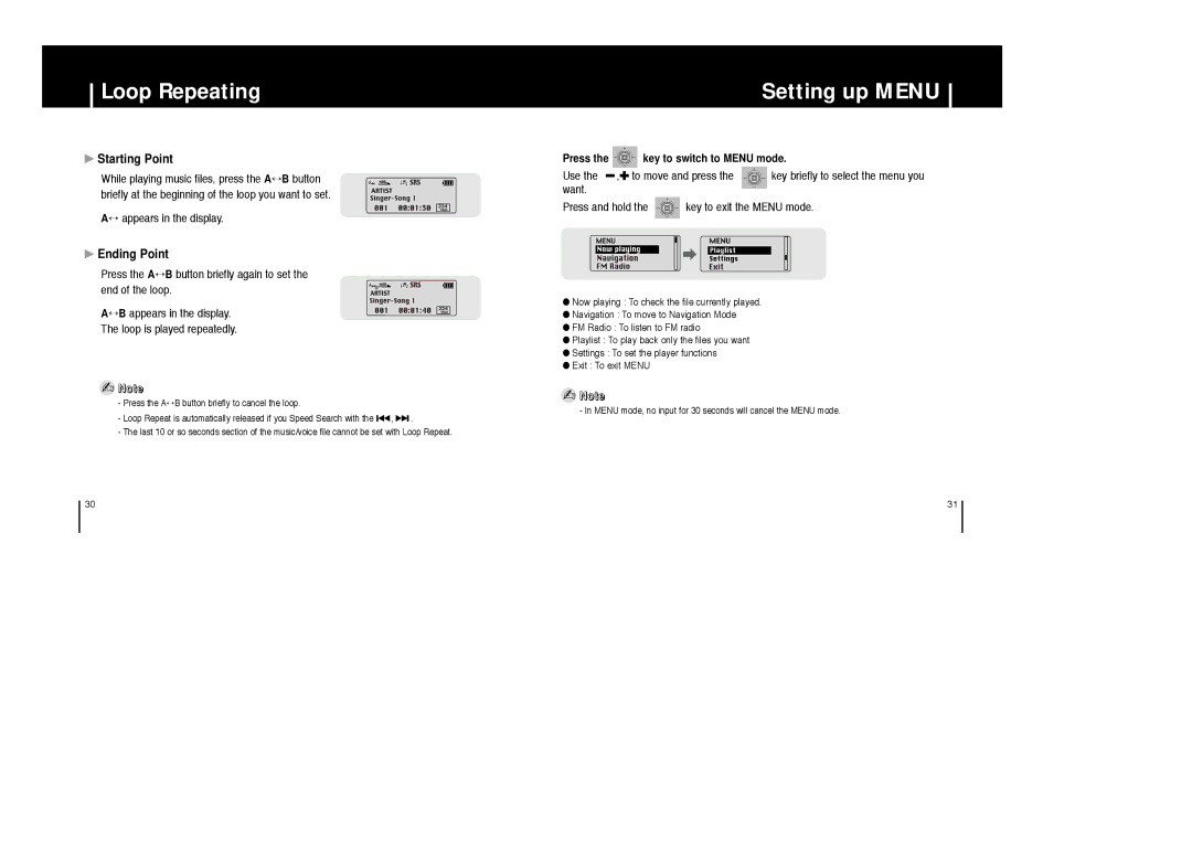 Samsung YP-53V/XFO, YP-53Z/ELS Loop Repeating, Setting up Menu, Starting Point, Ending Point, ↔ appears in the display 