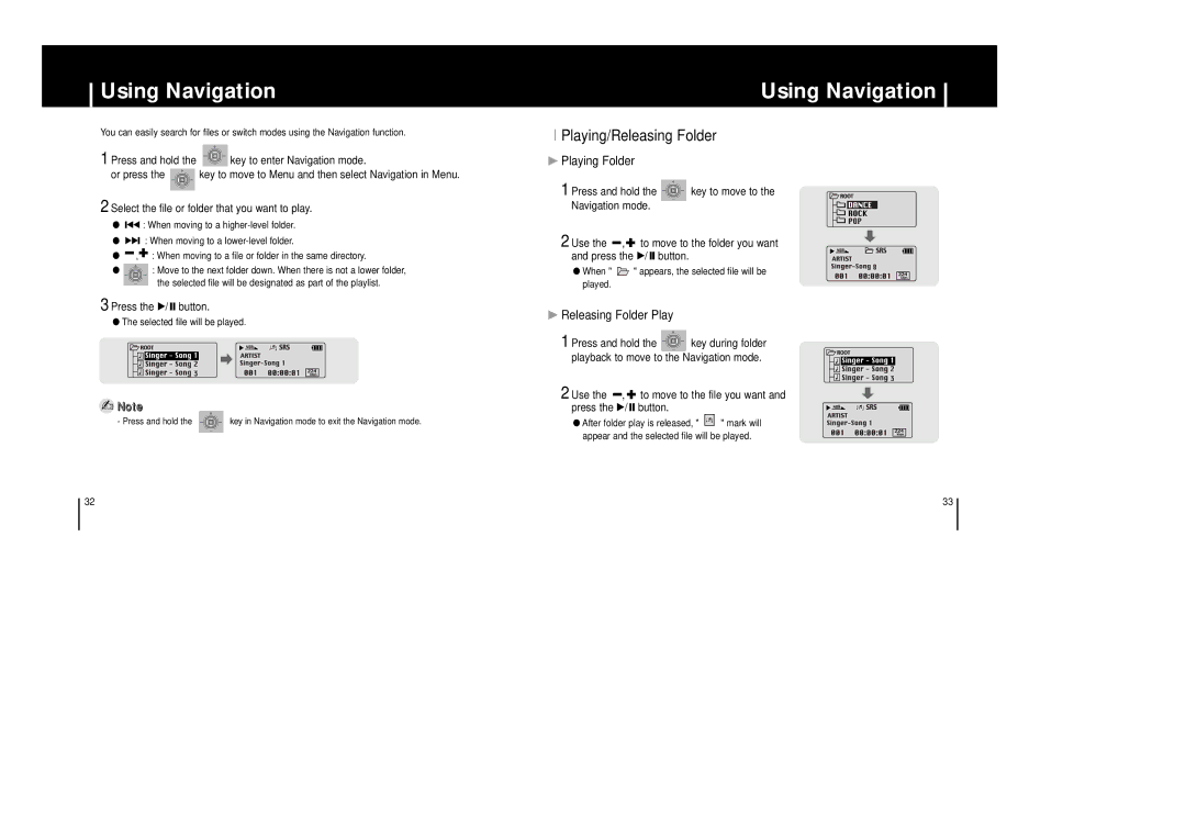 Samsung YP-53X/ELS, YP-53Z/ELS manual Using Navigation, Playing/Releasing Folder, Playing Folder, Releasing Folder Play 