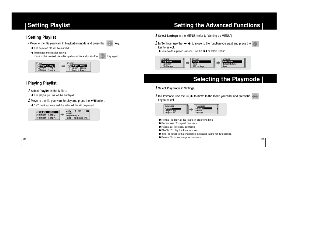 Samsung YP-53V/REE, YP-53Z/ELS, YP-53V/ELS, YP-53V/XFO, YP-53X/ELS Setting Playlist, Selecting the Playmode, Playing Playlist 