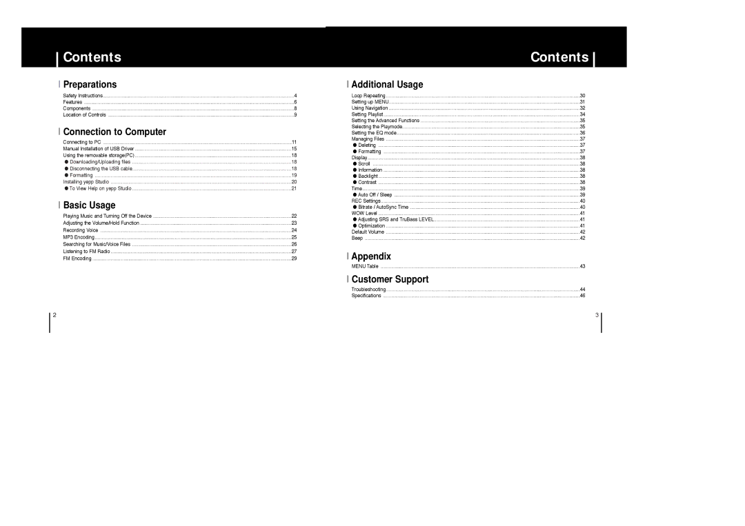 Samsung YP-53V/XFO, YP-53Z/ELS, YP-53V/ELS, YP-53X/ELS, YP-53V/REE, YP-53H/XFO, YP-53H/ELS manual Contents 