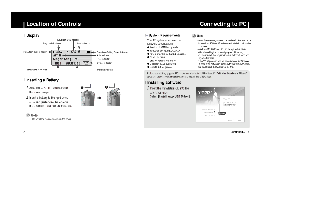 Samsung YP-53H/ELS, YP-53Z/ELS Location of Controls Connecting to PC, Display, Inserting a Battery, System Requirements 