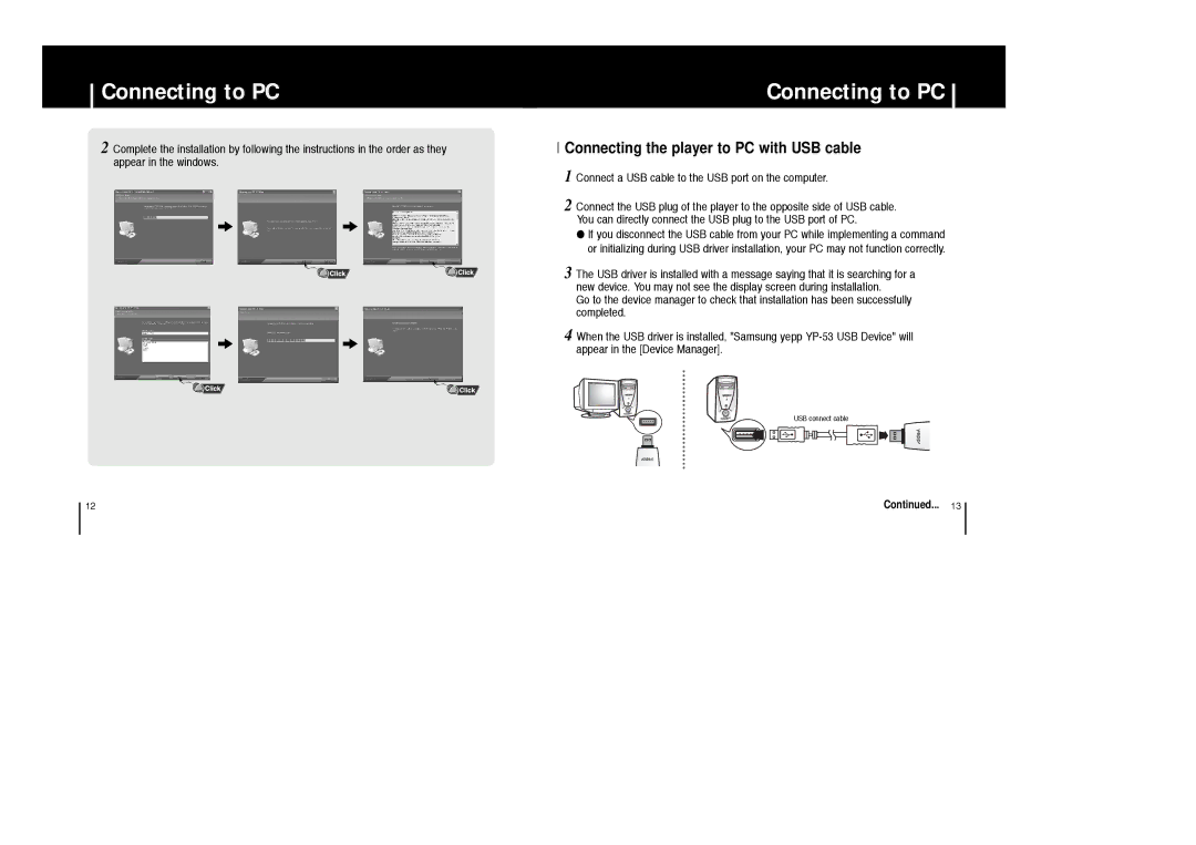 Samsung YP-53Z/ELS, YP-53V/ELS, YP-53V/XFO, YP-53X/ELS, YP-53V/REE, YP-53H/XFO manual Connecting the player to PC with USB cable 