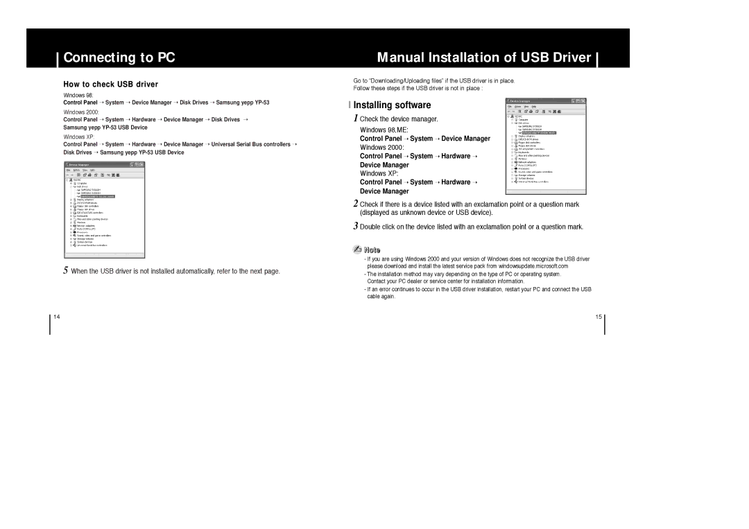 Samsung YP-53V/ELS manual Manual Installation of USB Driver, Installing software, How to check USB driver, Windows XP 