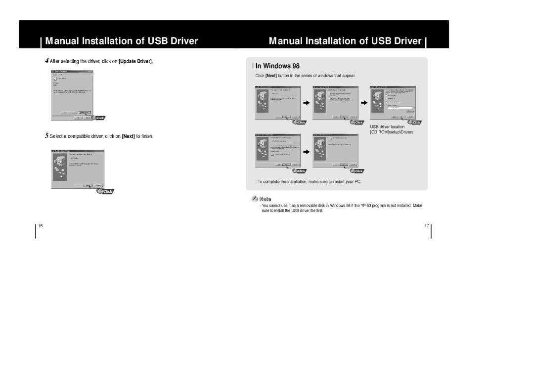 Samsung YP-53V/XFO, YP-53Z/ELS, YP-53V/ELS, YP-53X/ELS manual Windows, After selecting the driver, click on Update Driver 