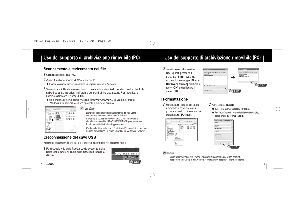 Samsung YP-53X/ELS, YP-53Z/ELS Scaricamento e caricamento dei file, Disconnessione del cavo USB, Formattazione, Avviso 