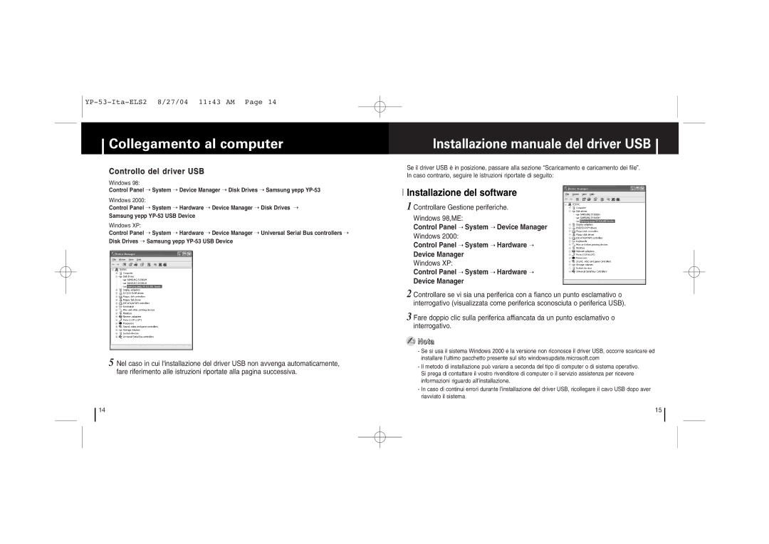 Samsung YP-53V/ELS, YP-53Z/ELS, YP-53V/XFO manual Controllo del driver USB, Controllare Gestione periferiche Windows 98,ME 