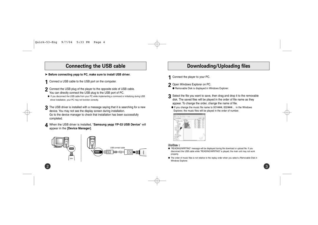 Samsung YP-53V/ELS, YP-53Z/ELS, YP53V1/ELS, YP-53V/XFO, YP-53X/ELS manual Connecting the USB cable, Downloading/Uploading files 