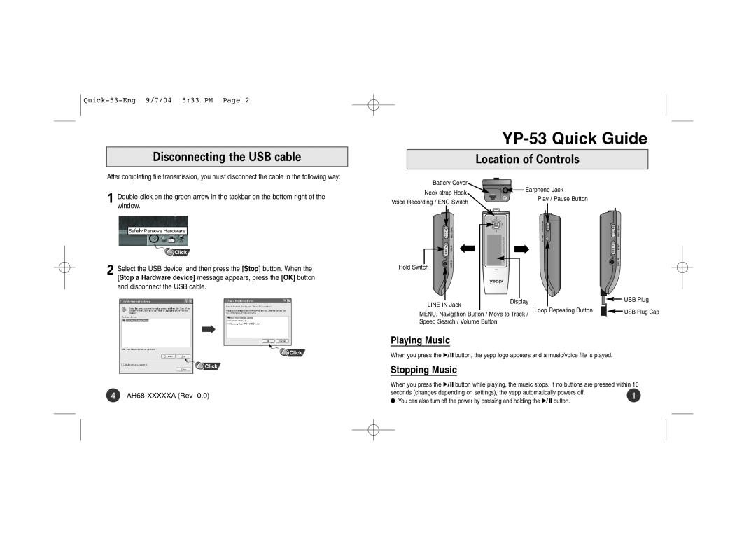 Samsung YP53V1/ELS, YP-53Z/ELS manual Disconnecting the USB cable, Location of Controls, Quick-53-Eng 9/7/04 533 PM Page 