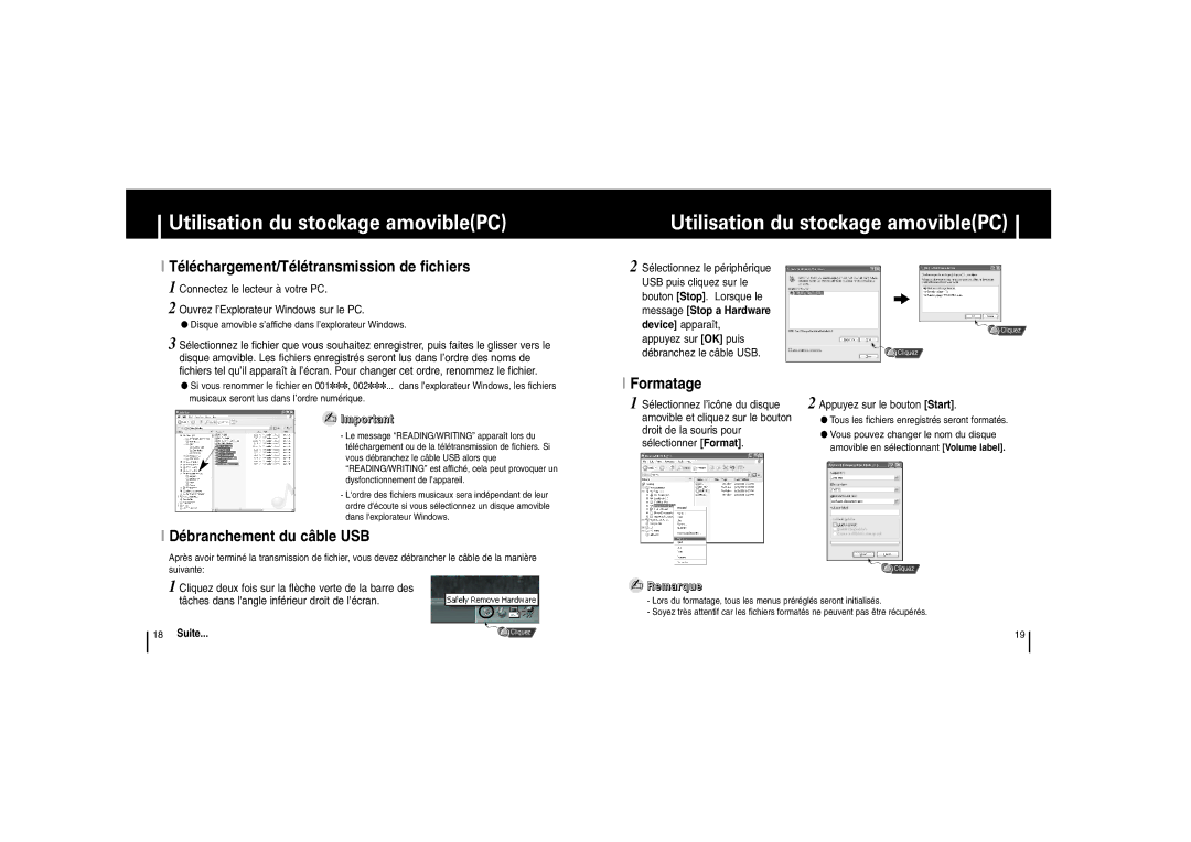 Samsung YP-53V/ELS, YP-53Z/ELS Utilisation du stockage amoviblePC, Téléchargement/Télétransmission de fichiers, Formatage 