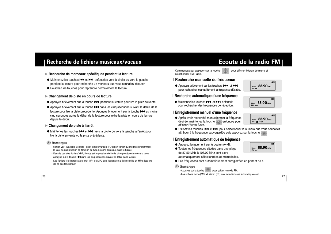 Samsung YP-53V/ELS, YP-53Z/ELS, YP53V1/ELS, YP-53V/XFO manual Ecoute de la radio FM 