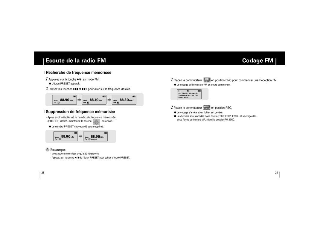 Samsung YP-53V/XFO, YP-53Z/ELS, YP53V1/ELS Codage FM, Recherche de fréquence mémorisée, Suppression de fréquence mémorisée 