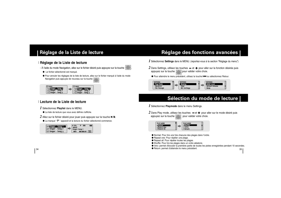 Samsung YP-53V/ELS manual Réglage des fonctions avancées, Sélection du mode de lecture, Réglage de la Liste de lecture 