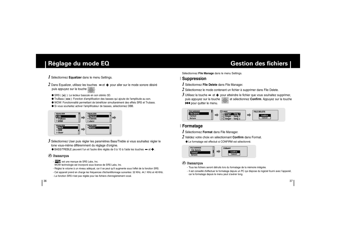 Samsung YP-53V/XFO, YP-53Z/ELS, YP53V1/ELS, YP-53V/ELS manual Réglage du mode EQ, Gestion des fichiers, Suppression 