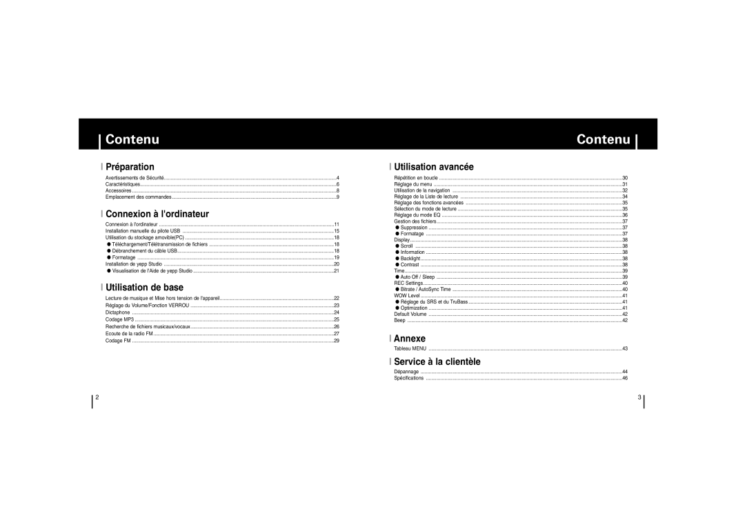 Samsung YP-53V/ELS, YP-53Z/ELS, YP53V1/ELS, YP-53V/XFO manual Contenu 