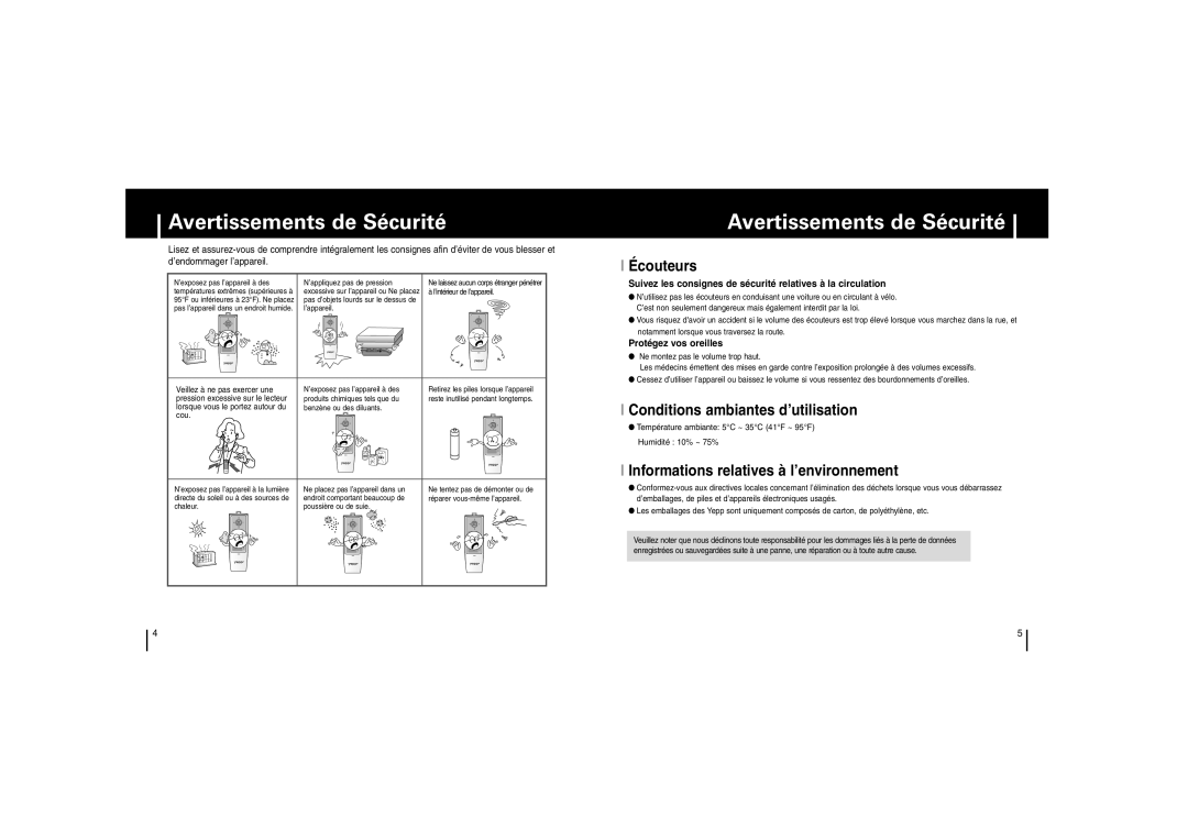 Samsung YP-53V/XFO, YP-53Z/ELS, YP53V1/ELS manual Avertissements de Sécurité, Écouteurs, Conditions ambiantes d’utilisation 