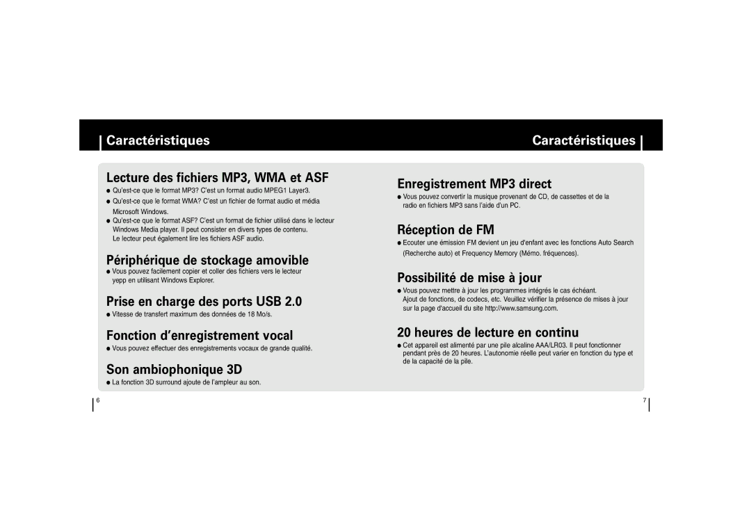 Samsung YP-53Z/ELS, YP53V1/ELS, YP-53V/ELS manual Caractéristiques, Le lecteur peut également lire les fichiers ASF audio 